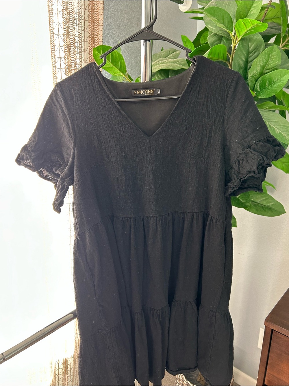 FANCYINN Black V-Neck Tiered Mini Dress